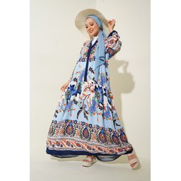 فستان محتشم بتصميم أصيل 2423 - أزرق داكن 2423 Authentic Patterned Modest Dress - Dark Blue