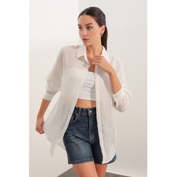 قميص نسائي مخطط واسع 20409 - أبيض Women's Striped Oversize Shirt 20409 - White
