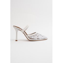 Muggo PEARLY حذاء نسائي بكعب رفيع مدبب مزين بالخرز والشبك - أبيض Muggo PEARLY Pointed Toe Beaded Mesh Stiletto Mules for Women - White