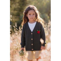 Links سترة كارديجان للأطفال بياقة V وتصميم وردة - أخضر كاكي (2-7 سنوات) Links Kids' V-Neck Rose Design Cardigan - Khaki Green (2-7 Years)
