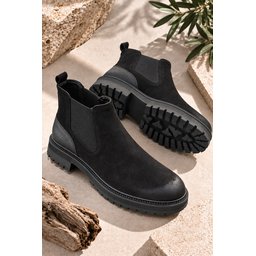 حذاء تشيلسي رجالي Muggo BRAWN جلد طبيعي أسود بنعل سميك Muggo BRAWN Genuine Leather Distressed Toe Elastic Thick Sole Men's Chelsea Boot - Black