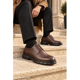 حذاء رجالي Muggo ORBA كاجوال كلاسيكي جلد طبيعي برباط ونعل سميك - بني Muggo ORBA Men's Genuine Leather Lace-Up Thick Sole Classic Casual Shoes - Brown