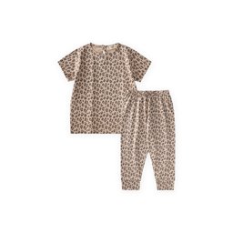 طقم بيجامة أطفال بناتي منقوش بيج - 2-9 سنوات Kids' Patterned Pajama Set for Girls - Beige - Ages 2-9