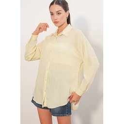 قميص نسائي فضفاض مخطط 20407 - أصفر Women's Striped Oversize Shirt 20407 - Yellow