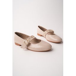 حذاء باليه نسائي Muggo DAİSİE بحزام وإبزيم ذهبي - لون بيج Muggo DAİSİE Women's Ballet Flats with Gold Buckle Strap - Nude