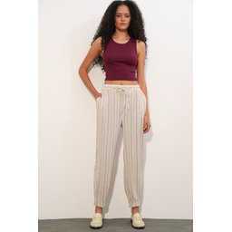 بنطلون نسائي مخطط من الكتان 30102 - فوشيا Women's Striped Linen Trousers 30102 - Fuchsia