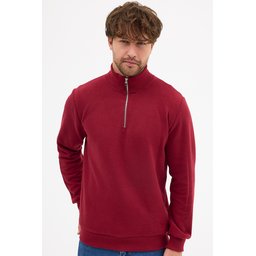 سويتشيرت رجالي قطن برقبة قائمة بسحاب نصفي، قصة عادية، لون خمري Men's Burgundy Standard Fit Cotton Half-Zip Stand Collar Sweatshirt