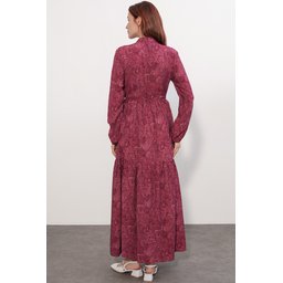 فستان نسائي طويل محتشم بنقشة 2586 - خمري Women's Patterned Long Modest Dress 2586 - Burgundy