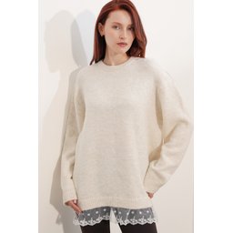 كنزة نسائية تريكو فضفاضة بتفاصيل تول 15968 - كريم Women's Oversize Knit Sweater with Tulle Detail 15968 - Cream