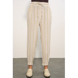 بنطلون نسائي مخطط من الكتان 30102 - بيج Women's Striped Linen Trousers 30102 - Beige