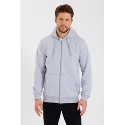 METALIC سترة رجالية بغطاء رأس وسحاب، رمادي، بجيوب كانجارو وبطانة قطنية METALIC Men's Gray Hooded Zipper Cardigan with Kangaroo Pockets and Cotton Lining