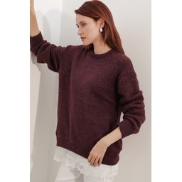 كنزة نسائية تريكو فضفاضة بتفاصيل تول 15968 - خمري Women's Oversize Knitted Sweater with Tulle Detail 15968 - Burgundy