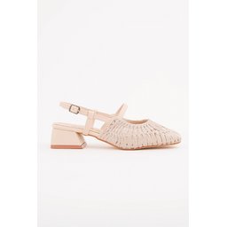 Muggo MESH حذاء نسائي بكعب قصير مفتوح من الخلف بتصميم شبكي ومضفر - بيج Muggo MESH Women's Knit & Mesh Detail Strappy Open Back Low Heel Shoes - Beige