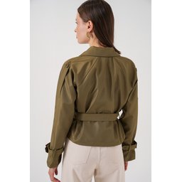 جاكيت ترنش نسائي قصير بحزام 5970 - كاكي Women's Belted Short Trench Coat 5970 - Khaki