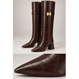 حذاء بوت نسائي Muggo CROVELY بنمط جلد التمساح مع ساق قابلة للإزالة وإبزيم ذهبي - بني Muggo CROVELY Women's Croc-Effect Boots with Detachable Shaft and Gold Buckle - Brown