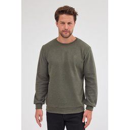 سويتشيرت رجالي بيسك بياقة دائرية، قصة عادية، قطن، لون كاكي Men's Khaki Standard Fit Regular Cut Cotton Basic Crew Neck Sweatshirt