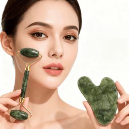 طقم مساج الوجه بحجر اليشم: رولر وحجر الجواشا (قطعتان) Jade Face Roller & Gua Sha Set – 2-Piece Facial Massage Tools