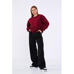 سويت شيرت نسائي أوفر سايز بيزك بياقة دائرية قطني - خمري Women's Oversize Basic Cotton Crew Neck Sweatshirt - Burgundy