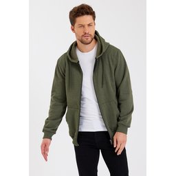 METALIC سترة رجالية بغطاء رأس وسحاب، بجيوب كانجارو، مبطنة بالقطن - كاكي METALIC Men's Khaki Hooded Zipper Cardigan with Kangaroo Pockets, Cotton Lined