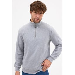 سويتشيرت رجالي رمادي بياقة قائمة وسحاب نصفي، قصة عادية من القطن المخلوط Men's Grey Standard Fit Cotton Blend Half-Zip Stand-Up Collar Sweatshirt