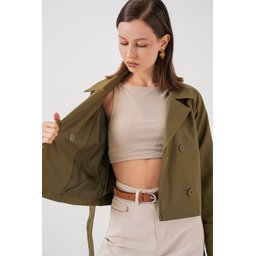 جاكيت ترنش نسائي قصير بحزام 5970 - كاكي Women's Belted Short Trench Coat 5970 - Khaki