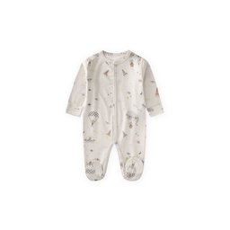 تولوم أطفال بتصميم منقوش مع قفازات مدمجة وأقدام مغلقة - 0-9 أشهر - لون إكرو Footed Patterned Baby Romper with Integrated Mittens - 0-9 Months - Ecru