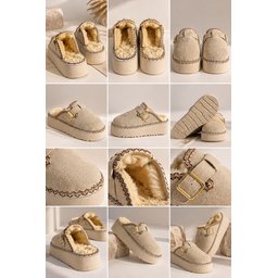 شبشب نسائي شتوي يومي Muggo MAYRA مبطن بالفرو مع إبزيم - بيج Muggo MAYRA Women's Winter Daily Slipper with Buckle and Faux Fur Lining - Beige