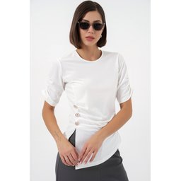 بلوزة ساندي نسائية بتفاصيل أزرار 992 - أبيض Women's Button Detail Sandy Blouse 992 - White