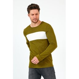 سويت شيرت هاكي للجنسين بقصة عادية وياقة دائرية وأكمام طويلة مع شريط Khaki Unisex Regular Fit Crew Neck Long Sleeve Striped Sweatshirt