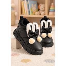 Muggo PIPA حذاء شتوي بناتي فرو داخلي بفيونكة وأذني أرنب - أسود Muggo PIPA Girls' Winter Boots with Rabbit Ears, Bow, Faux Fur Lining - Black