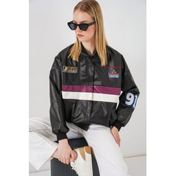 جاكيت بومبر 0698 من الجلد الصناعي المطبوع - أسود / بنفسجي 0698 Printed Faux Leather Bomber Jacket - Black / Purple