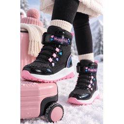 حذاء شتوي بناتي Muggo HUGGİE وردي بلمعة وقلب، لاصق ورباط Muggo HUGGİE Girls' Winter Boots - Glitter, Heart Detail, Velcro & Lace-up - Powder Pink