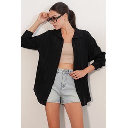 قميص نسائي مخطط واسع 20408 - أسود Women's Striped Oversize Shirt 20408 - Black