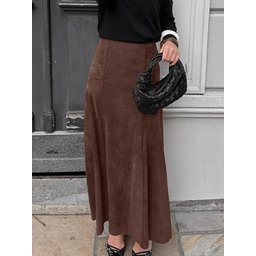 تنورة طويلة من الشامواه بتصميم فرنسي دافئ Autumn Retro Earth Brown Suede Skirt
