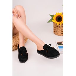 Muggo FRİNGE حذاء لوفر نسائي مريح من الجلد السويدي بتفاصيل فيونكة وشرابة - أسود Muggo FRİNGE Women's Suede Leather Bow Detail Tassel Loafer Slippers - Black