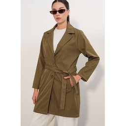 ترنشكوت نسائي قصير بحزام 5990 - كاكي Women's Belted Short Trench Coat 5990 - Khaki