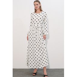 فستان نسائي طويل منسوج منقط 1525 - أبيض 1525 Women's Long Knitted Polka Dot Dress - White