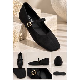 Muggo FLEUR حذاء ماري جين نسائي يومي أسود بكعب مخفي ومقدمة مربعة Muggo FLEUR Women's Mary Jane Flats - Hidden Heel, Square Toe, Single Strap - Black