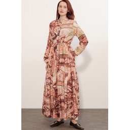 فستان نسائي طويل محتشم بنقشة 2586 - بودرة Women's Patterned Long Modest Dress 2586 - Powder