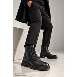 بوت رجالي Muggo DIARA شتوي جلد طبيعي برباط وسحاب - أسود Muggo DIARA Men's Genuine Leather Lace-Up & Zipper Winter Boots - Black