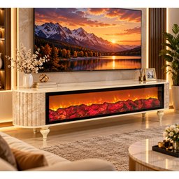 ميز شاشة تركي مع  إضاءة ديكورية ثلاثية الأبعاد 3D Turkish Luxury Cream Marble-Effect TV Stand with 3D Decorative Flame Lighting