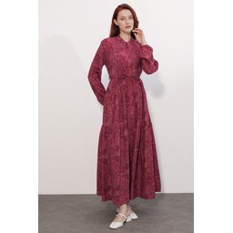 فستان نسائي طويل محتشم بنقشة 2586 - خمري Women's Patterned Long Modest Dress 2586 - Burgundy