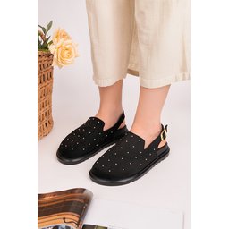 صندل نسائي MUGGO LILOW أسود من الجلد السويدي بمسامير ذهبية وإبزيم قابل للتعديل MUGGO LILOW Suede Leather Gold Studded Adjustable Buckle Casual Closed Women's Sandals - Black