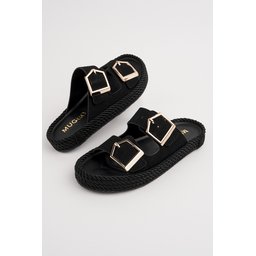 Muggo GOLDY حذاء نسائي مريح بكعب مسطح قابل للتعديل بإبزيم مزدوج - أسود Muggo GOLDY Women's Double Buckle Adjustable Comfortable Flat Sandals - Black