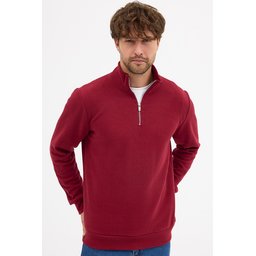 سويتشيرت رجالي قطن برقبة قائمة بسحاب نصفي، قصة عادية، لون خمري Men's Burgundy Standard Fit Cotton Half-Zip Stand Collar Sweatshirt