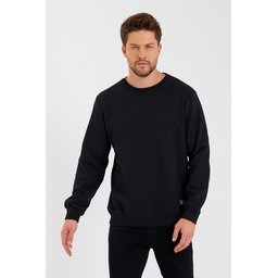 سويت شيرت رجالي أسود بياقة دائرية وتفاصيل ملصق، مبطن بالقطن Men's Crew Neck Sweatshirt with Label Detail, Cotton Lined - Black