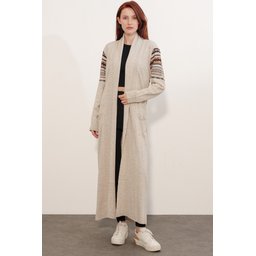 جاكيت صوف طويل 15690 - حجر 15690 Long Knit Cardigan - Stone
