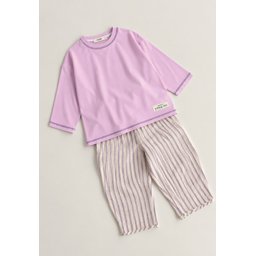 طقم بنطلون واسع من الموسلين للأطفال 2-10 سنوات - ليلكي Wide-Cut Muslin Pants Set for Kids 2-10 Years - Lilac