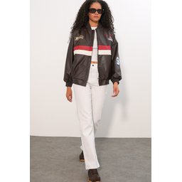 جاكيت بومبر 0698 من الجلد الصناعي المطبوع - بني 0698 Printed Faux Leather Bomber Jacket - Brown