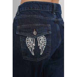 بنطلون جينز نسائي واسع الساق بتفاصيل ترتر 30124 - كحلي Women's Wide Leg Sequin Detail Denim Jeans 30124 - Navy Blue